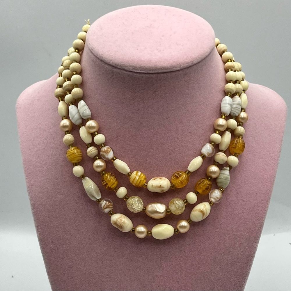 Vintage glass Gold and Cream Multi-Strand Necklace with Pearls